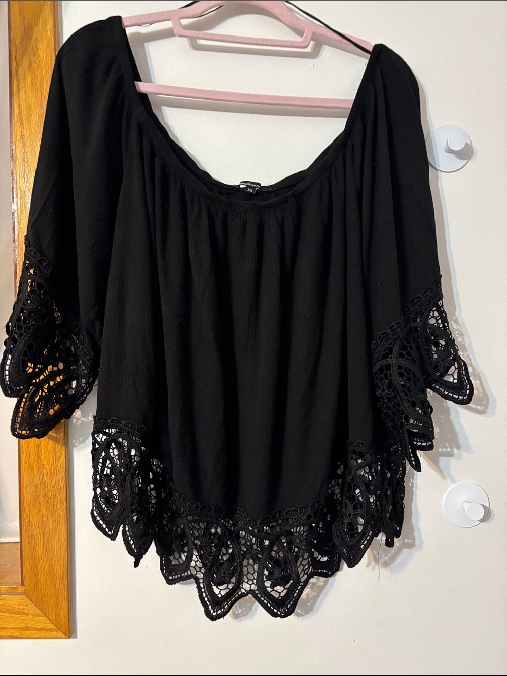 Ambiance Black Off-Shoulder Crochet-Hem Blouse